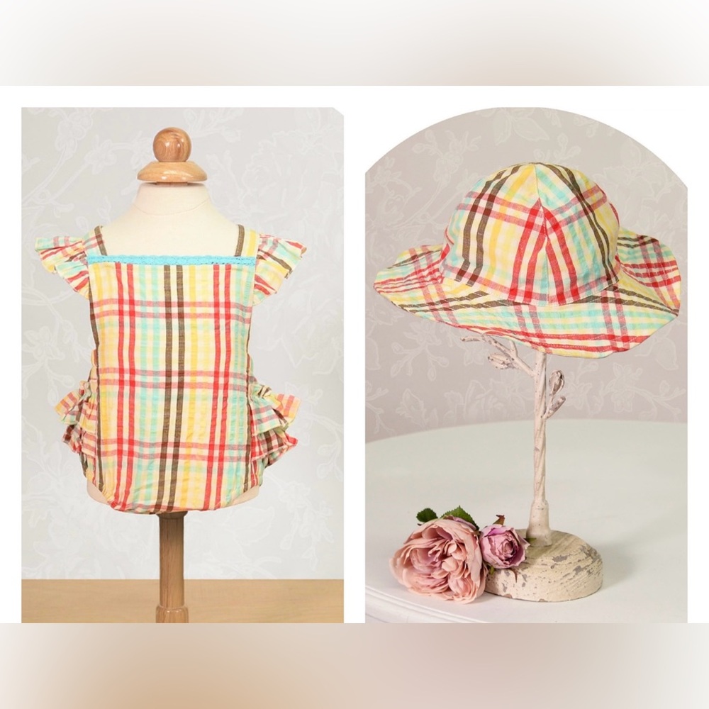 NWT- Colorful Plaid Sun Dress & Hat Set
